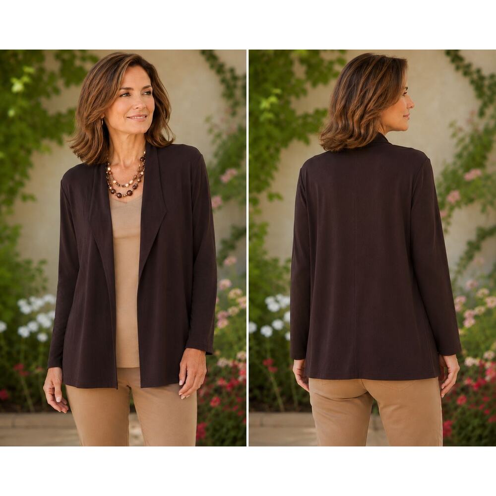 Chico’s Travelers Size 1 Brown Open Front Cardigan Acetate Spandex Stretch S/M